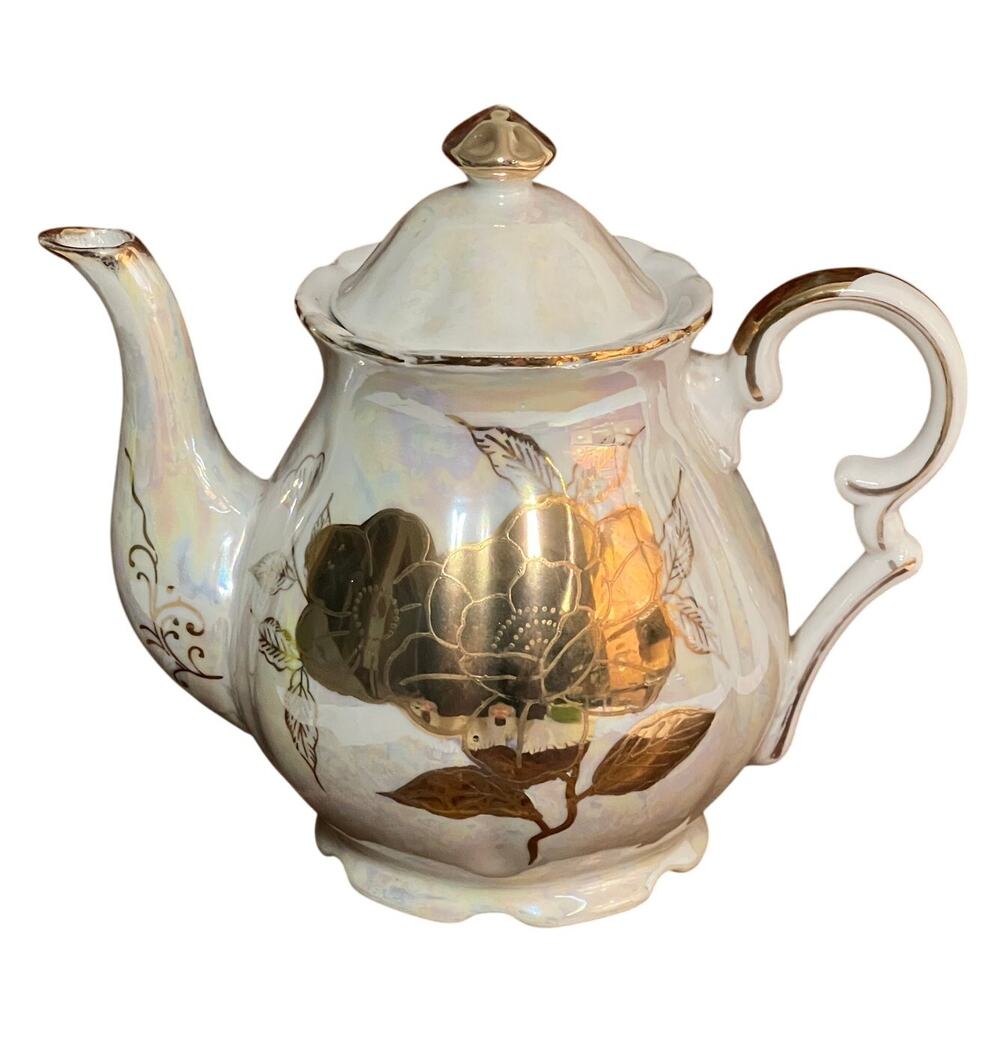 Vintage Regency Style White Lusterware Teapot Handpainted Gold Details Japan